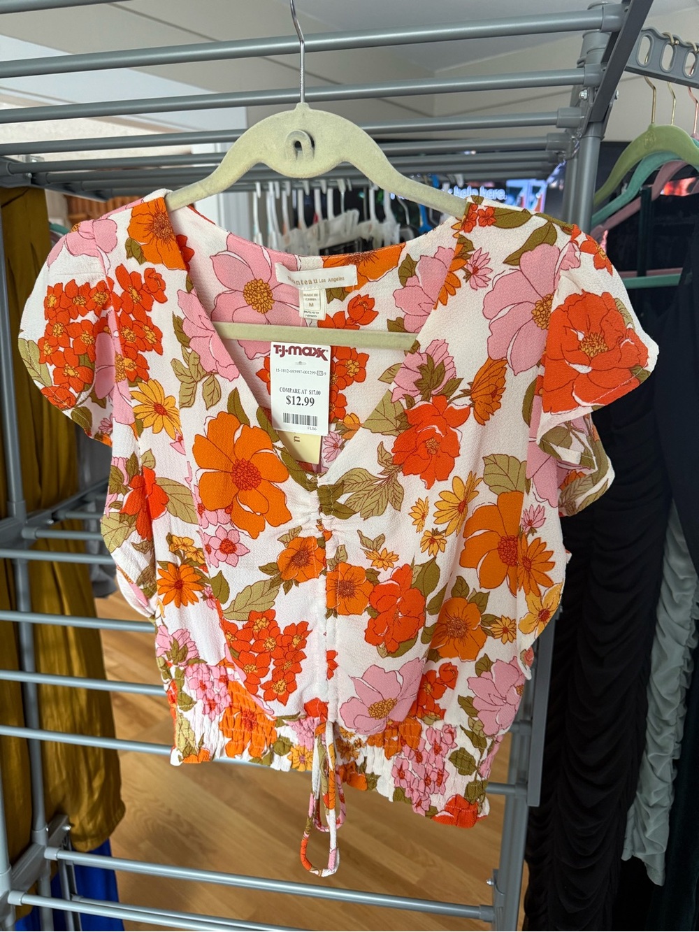 Monteau Pink & Orange Floral V-Neck Crop Top